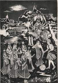 contemporary picture of Kali with her followers at the dead of night